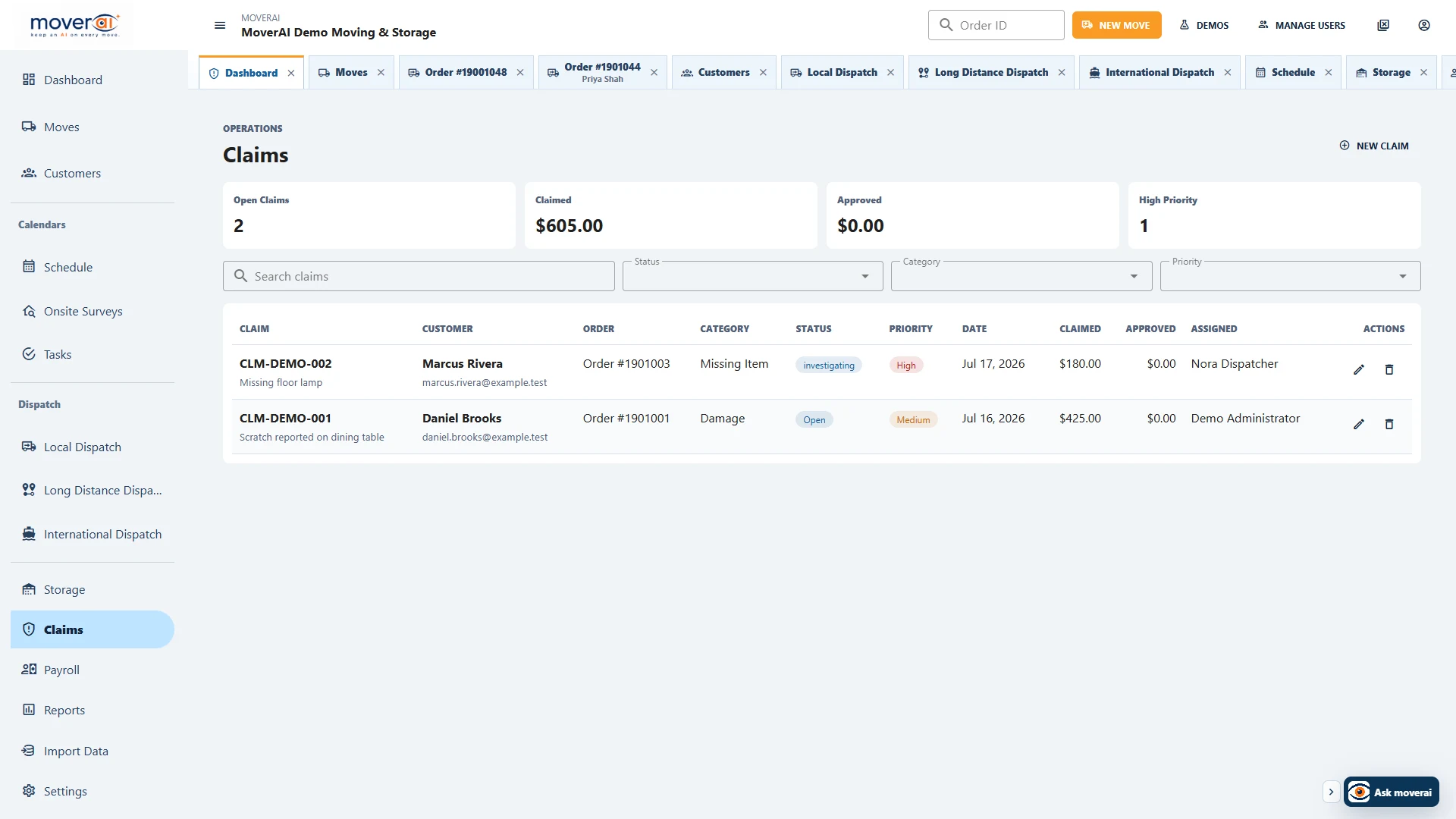 Moverai claims workspace with item issues, priorities, amounts, ownership, and next actions