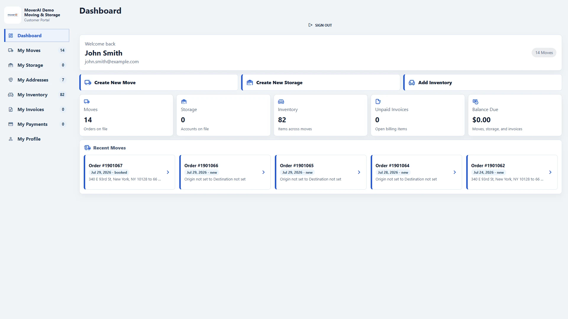 Moverai customer workspace with move details, communication, documents, payments, and requests