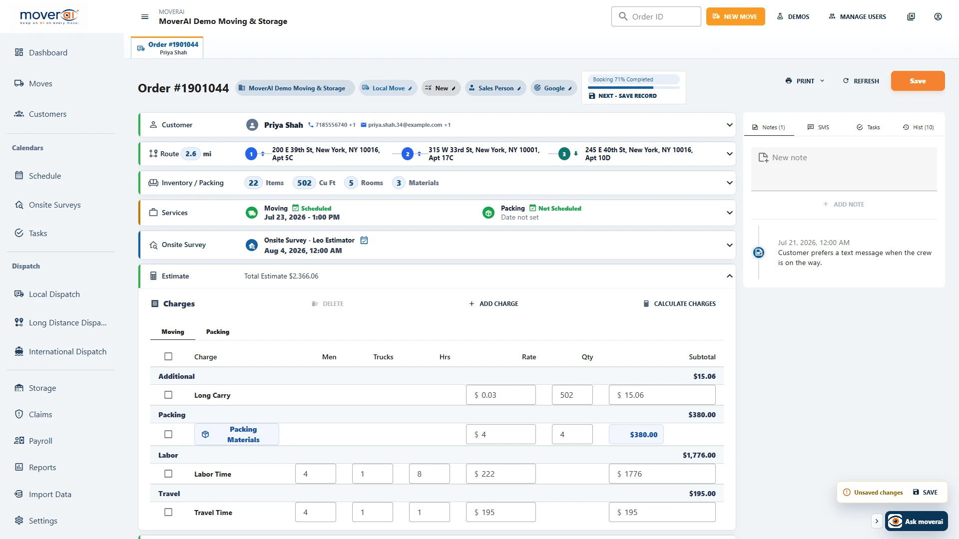 Moverai estimate section expanded inside a moving order
