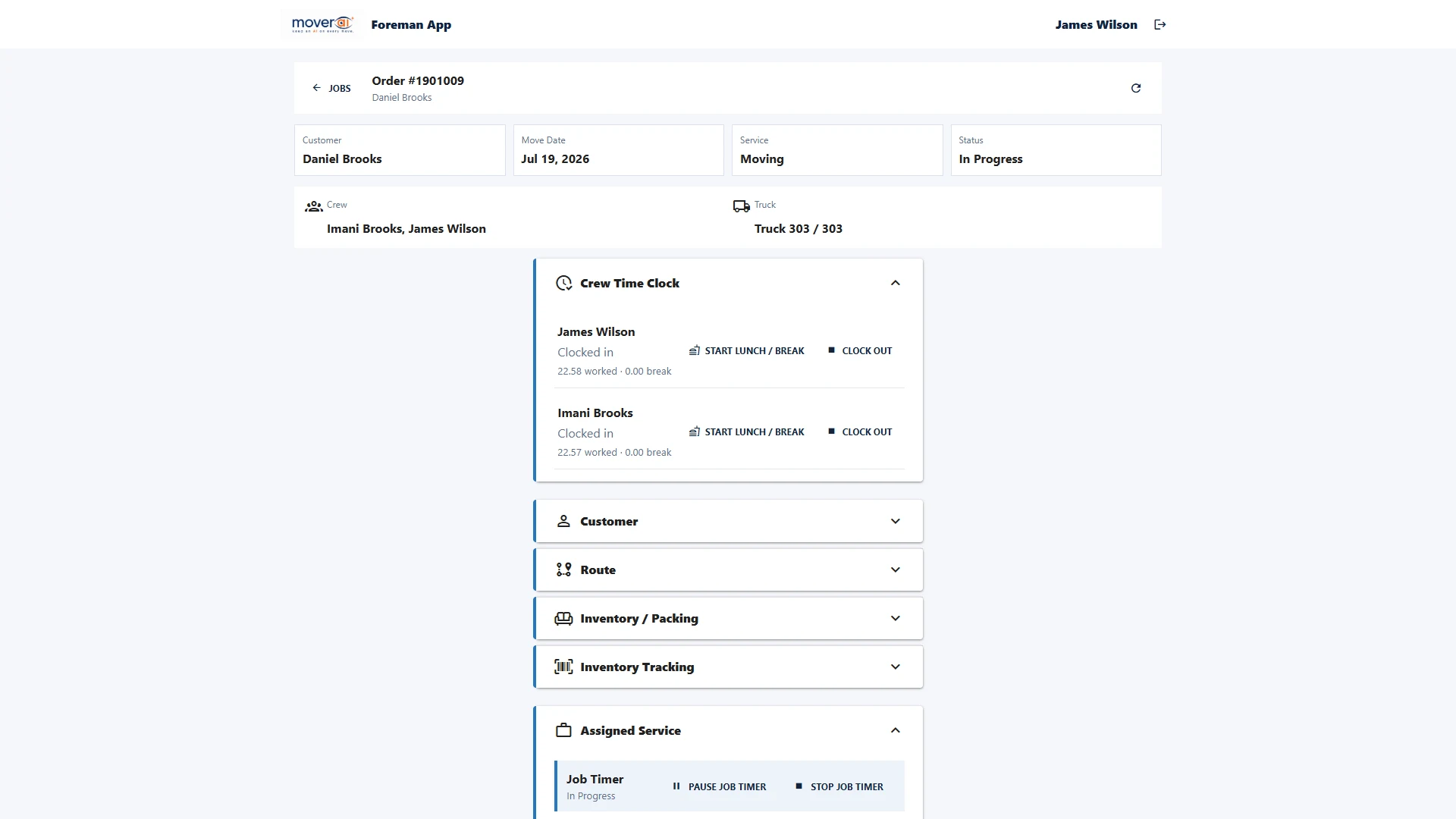 Moverai Field Manager showing an assigned order, crew time clocks, job timer, truck, route, and inventory tracking