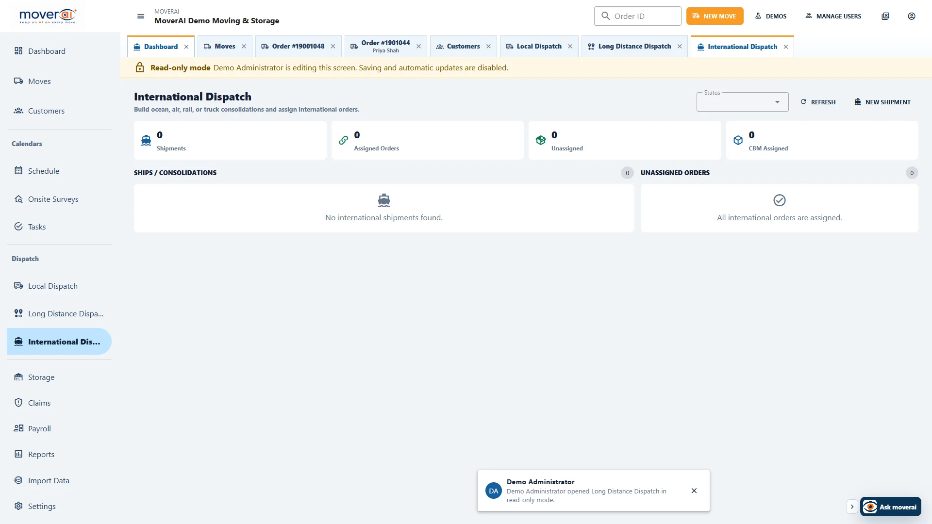 Moverai international dispatch workspace with shipment legs, agents, carriers, and operational dates