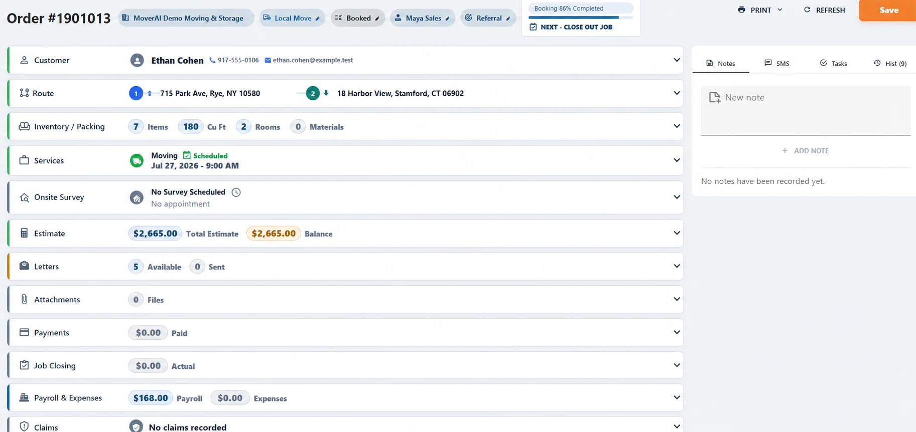 Moverai move order showing customer, route, inventory, services, and sales information