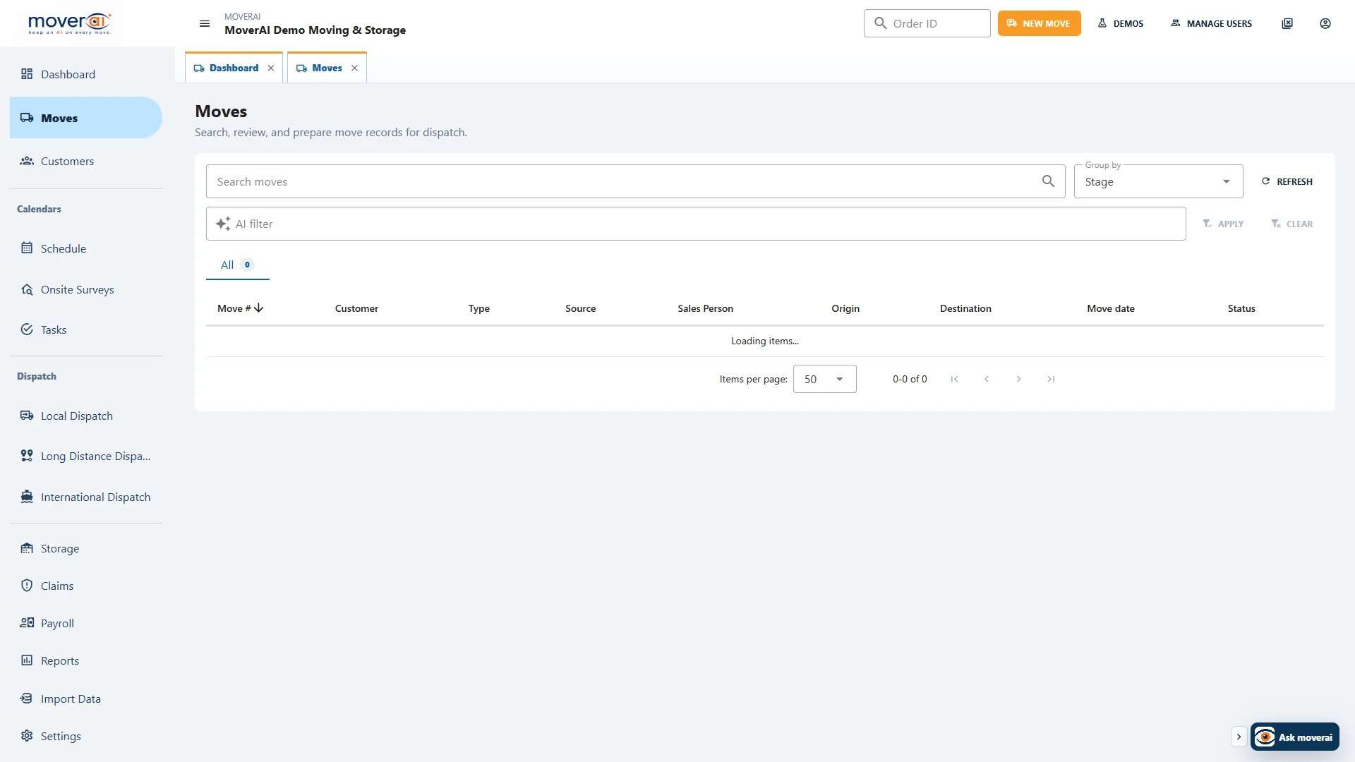 Moverai moves workspace showing moving leads, estimates, orders, customers, routes, dates, and statuses
