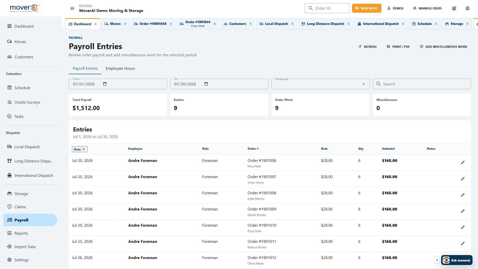 Moverai payroll entries connected to employees, moving orders, rates, quantities, and totals