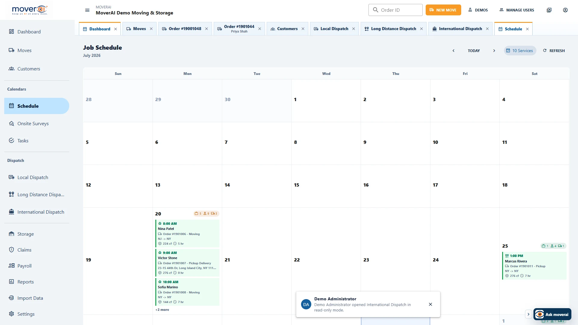 Moverai monthly moving job schedule with services, customers, routes, volume, crew, truck, and duration details