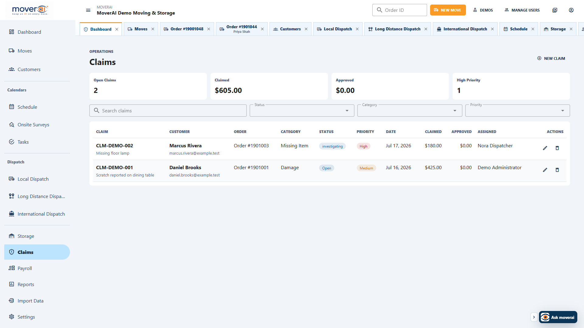Moverai claims management workspace showing claim numbers, moving orders, customers, categories, priorities, amounts, ownership, and next actions