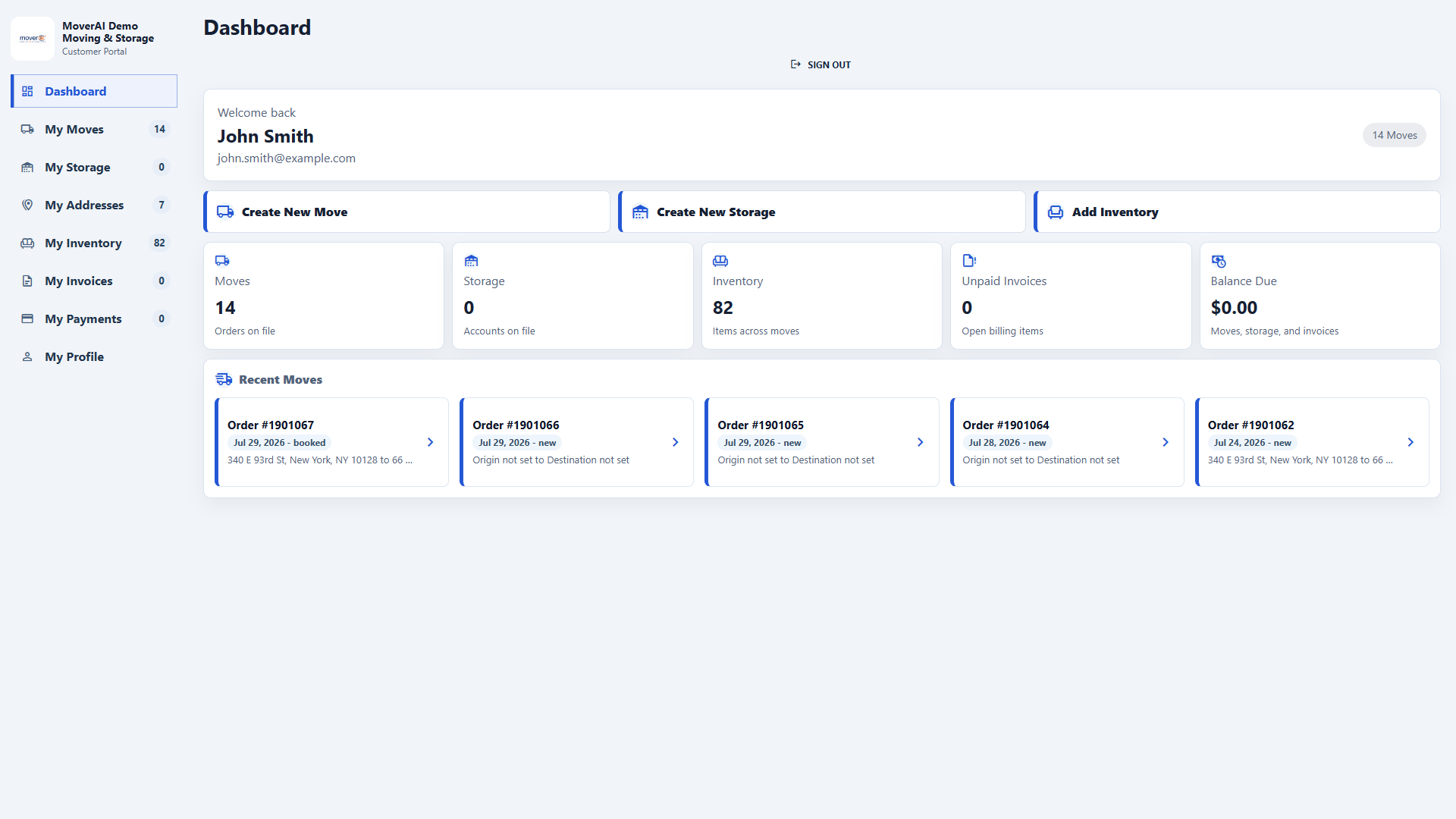 Moverai customer portal dashboard showing customer moves, addresses, inventory, invoices, payments, balance, and new move and storage actions