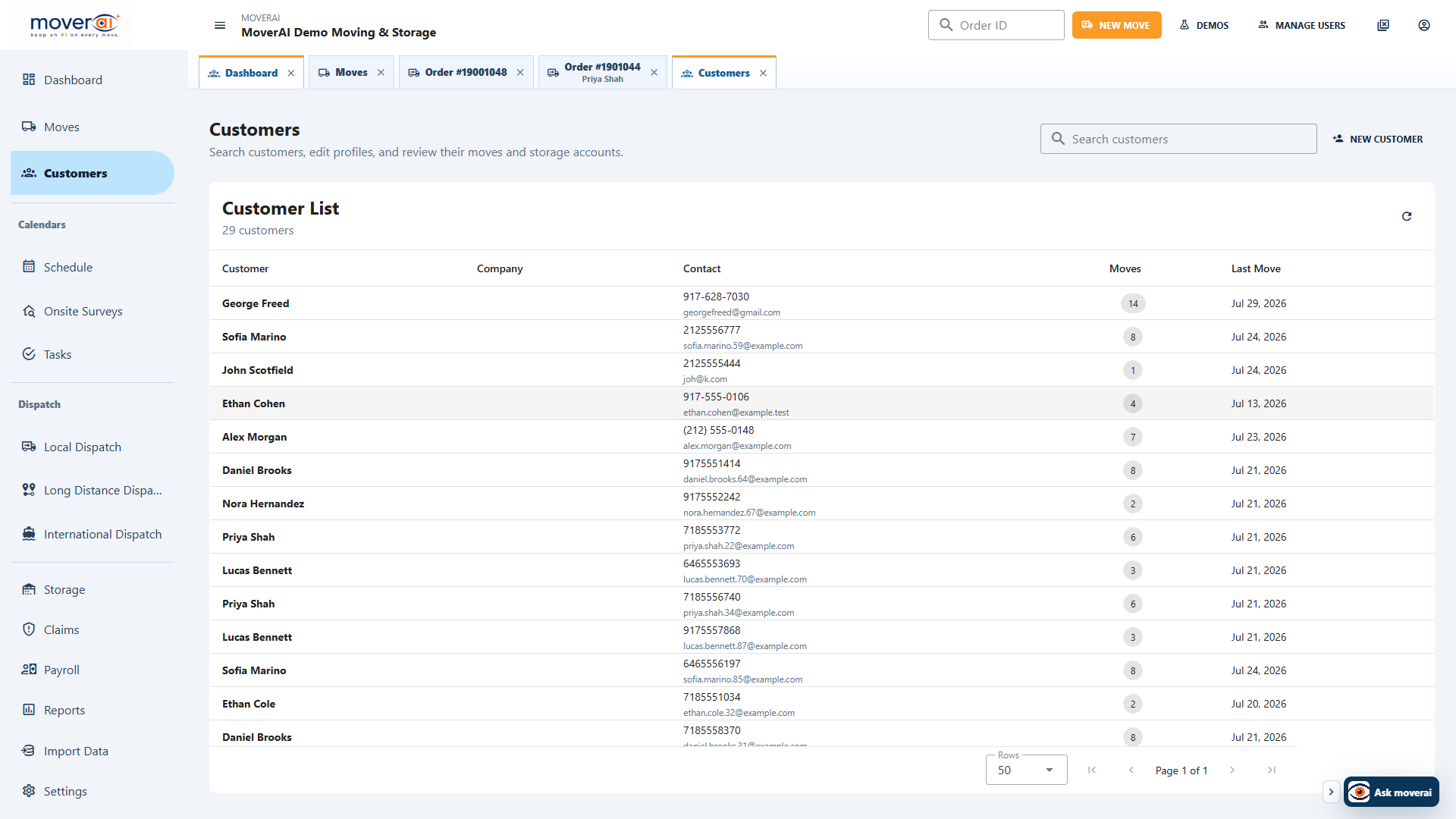 Moverai customer records and office activity workspace