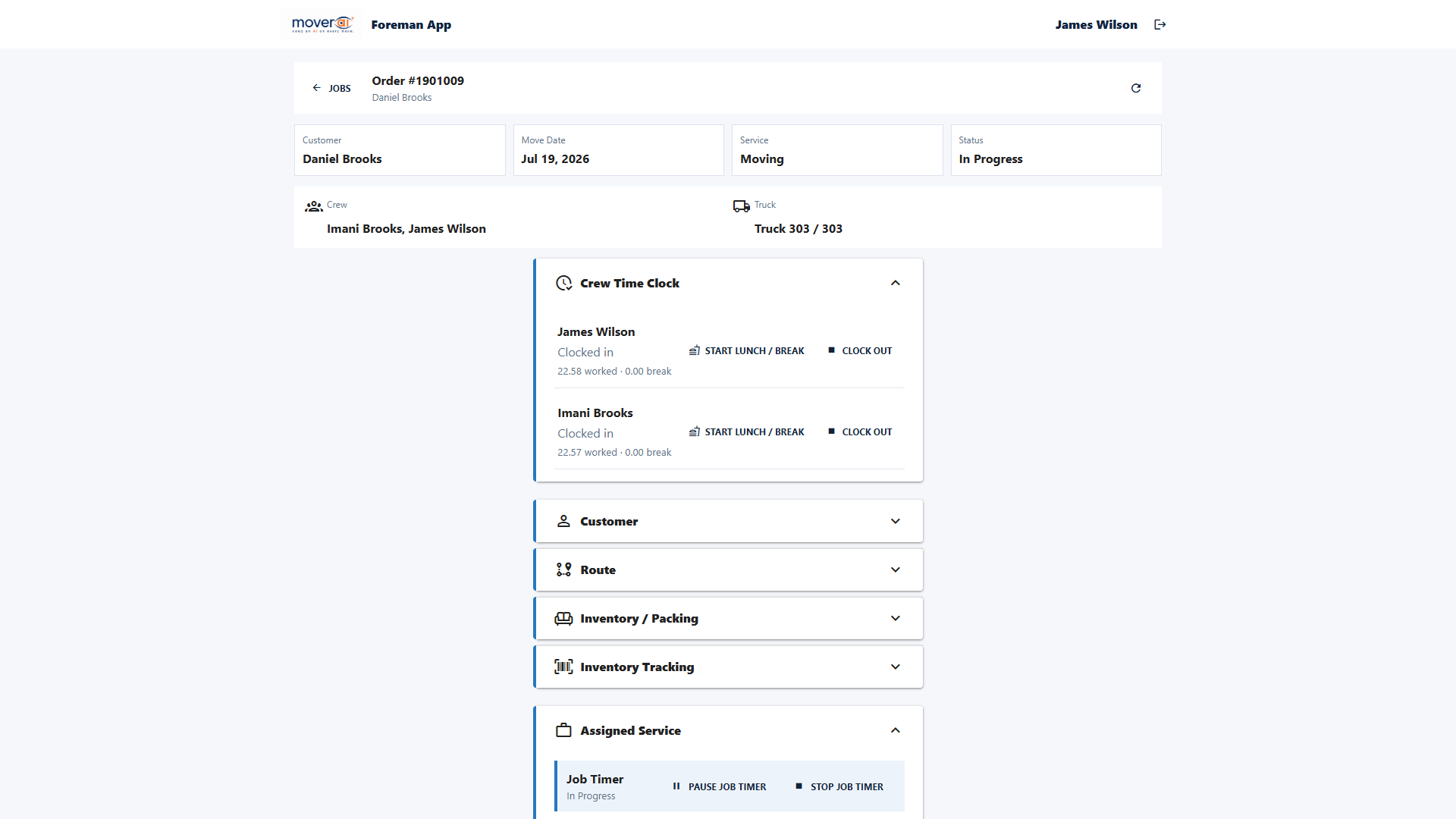 Moverai Field Manager assigned order with crew time clocks, job timer, truck, service, customer, route, and inventory tracking