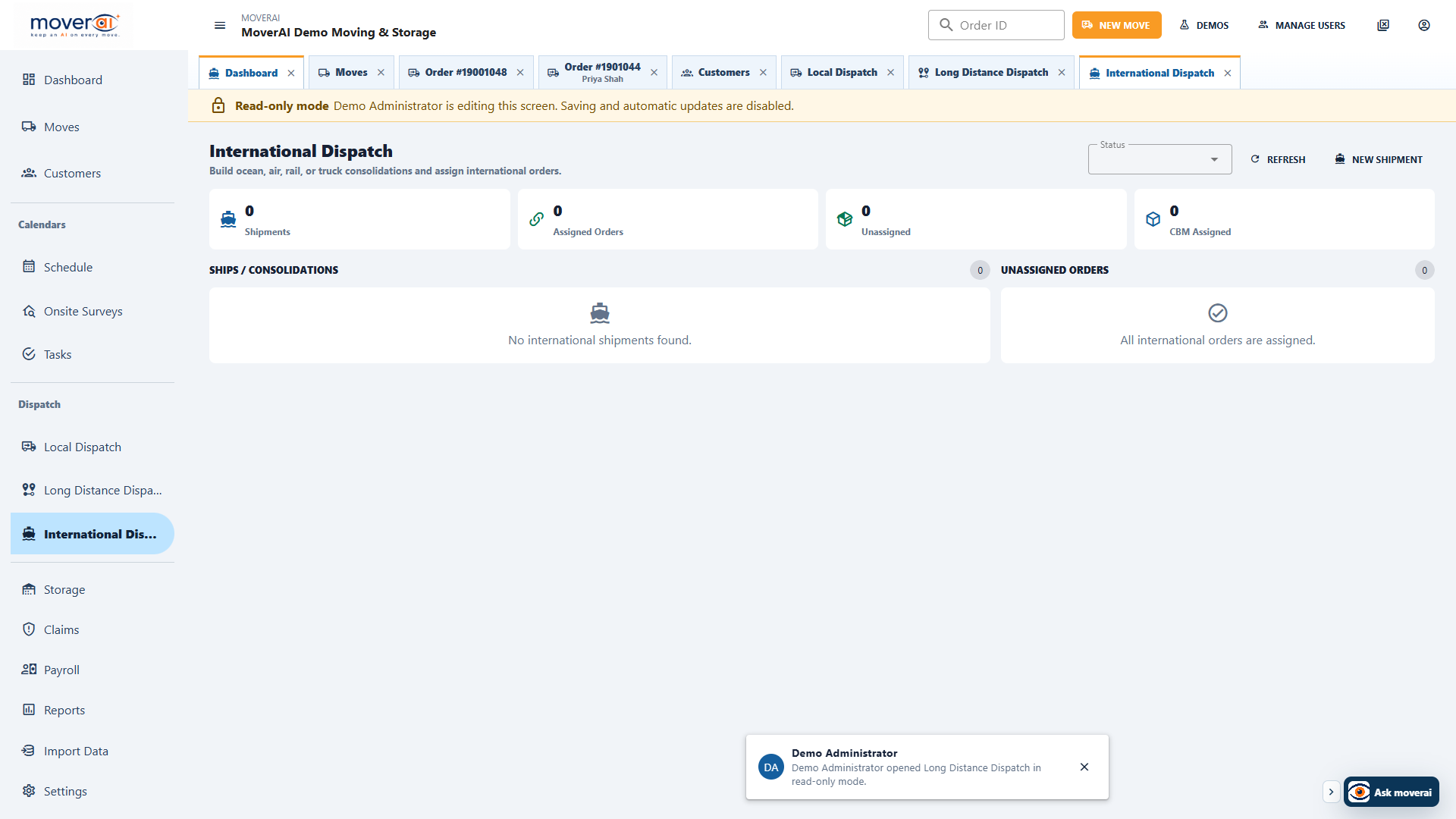 Moverai international dispatch workspace with shipment legs, agents, carriers, and operational dates