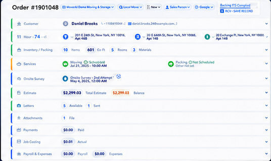 Populated Moverai move order 1901048 connecting the customer, route, inventory, services, estimate, letters, attachments, and payments