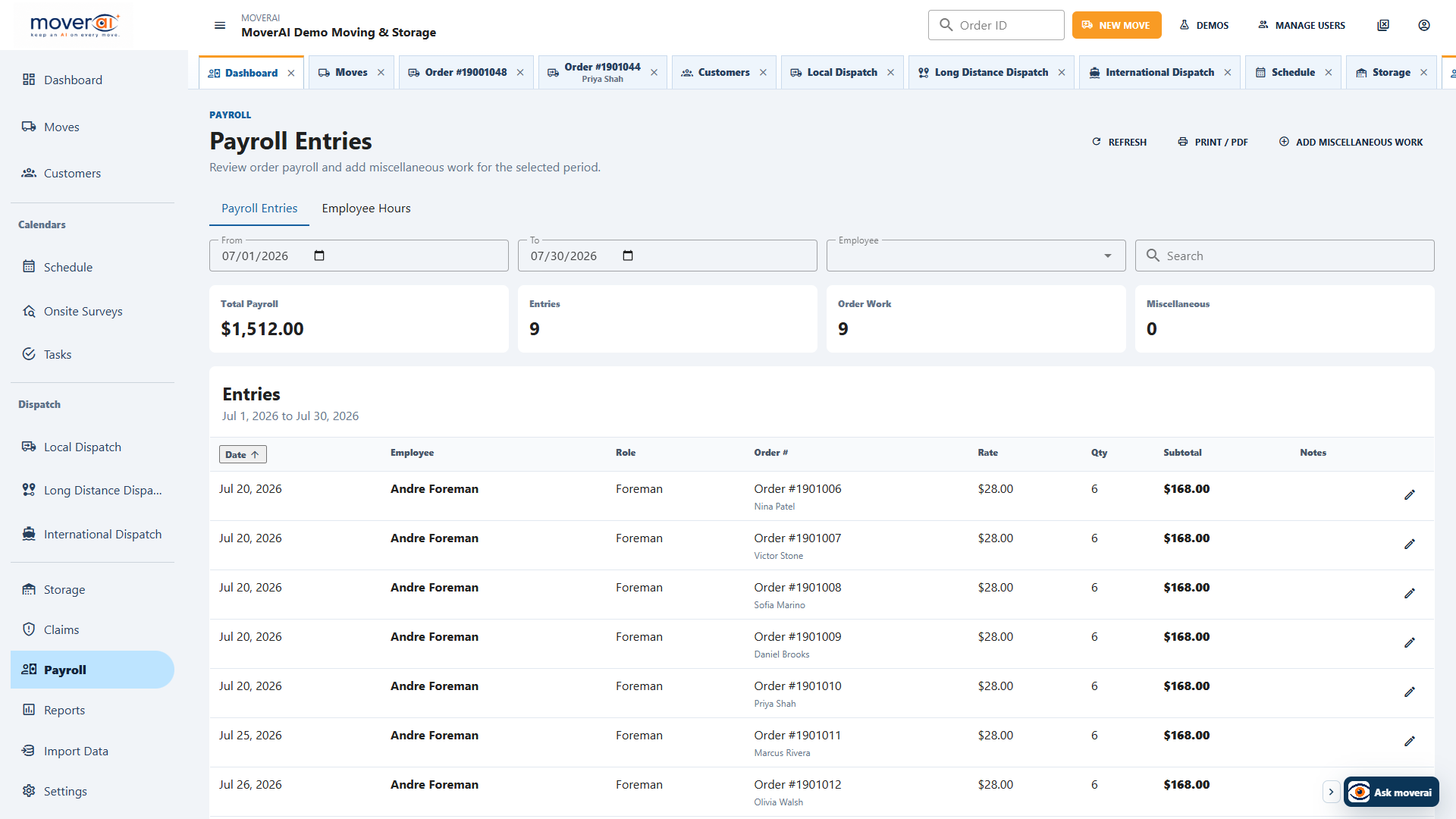 Moverai payroll entries connected to employees, moving orders, rates, quantities, and totals