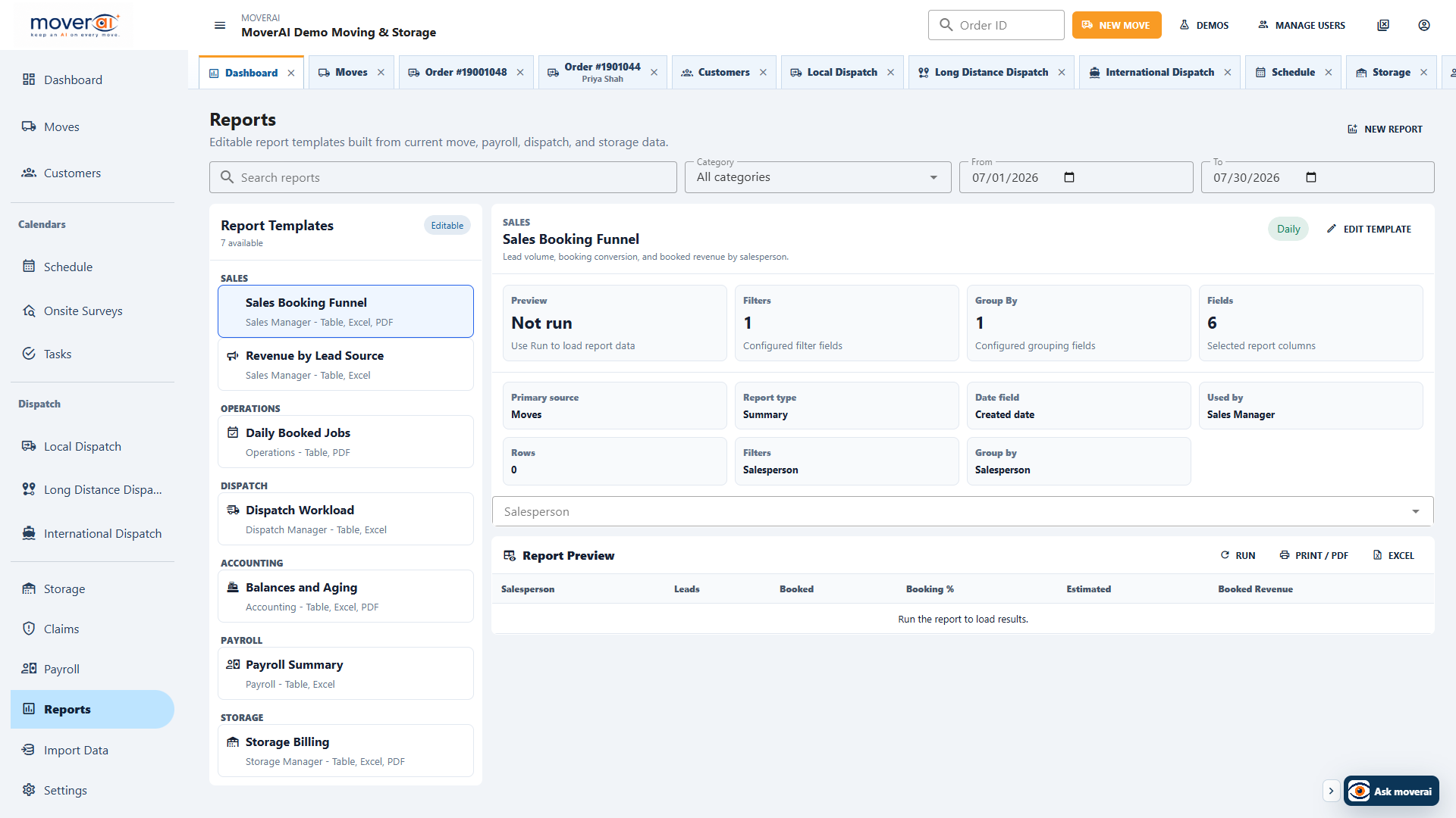 Moverai reports workspace with sales, operations, dispatch, accounting, payroll, and storage report templates